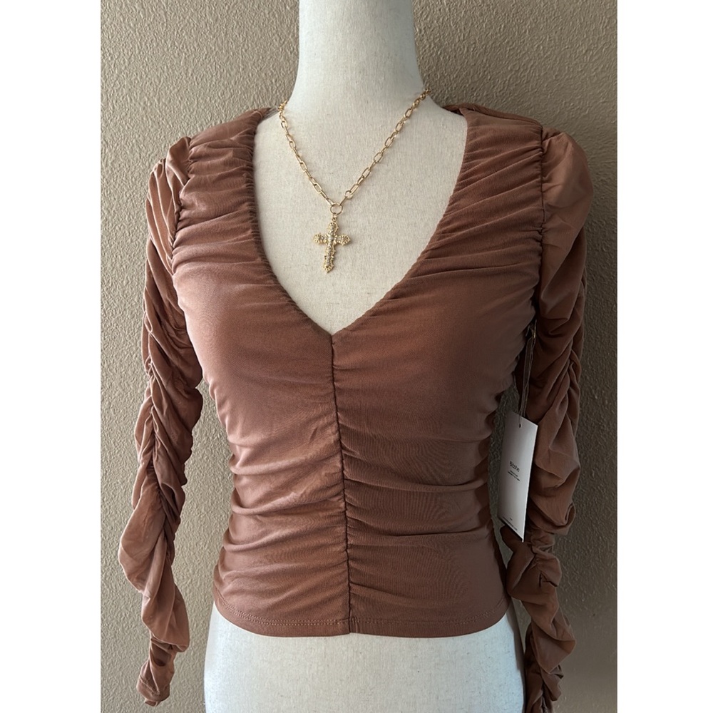 Ruched mesh long sleeve top in cocoa